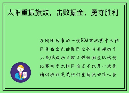 太阳重振旗鼓，击败掘金，勇夺胜利