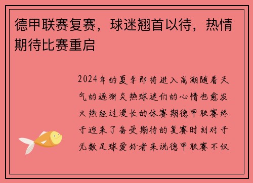 德甲联赛复赛，球迷翘首以待，热情期待比赛重启